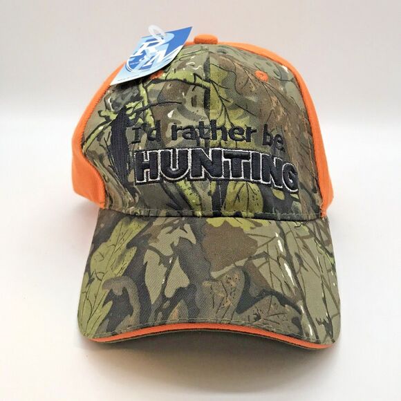 NEW I'd Rather Be Hunting Embroidered Ball Cap Adjustable OS Camo & Orange Hat - Picture 1 of 8